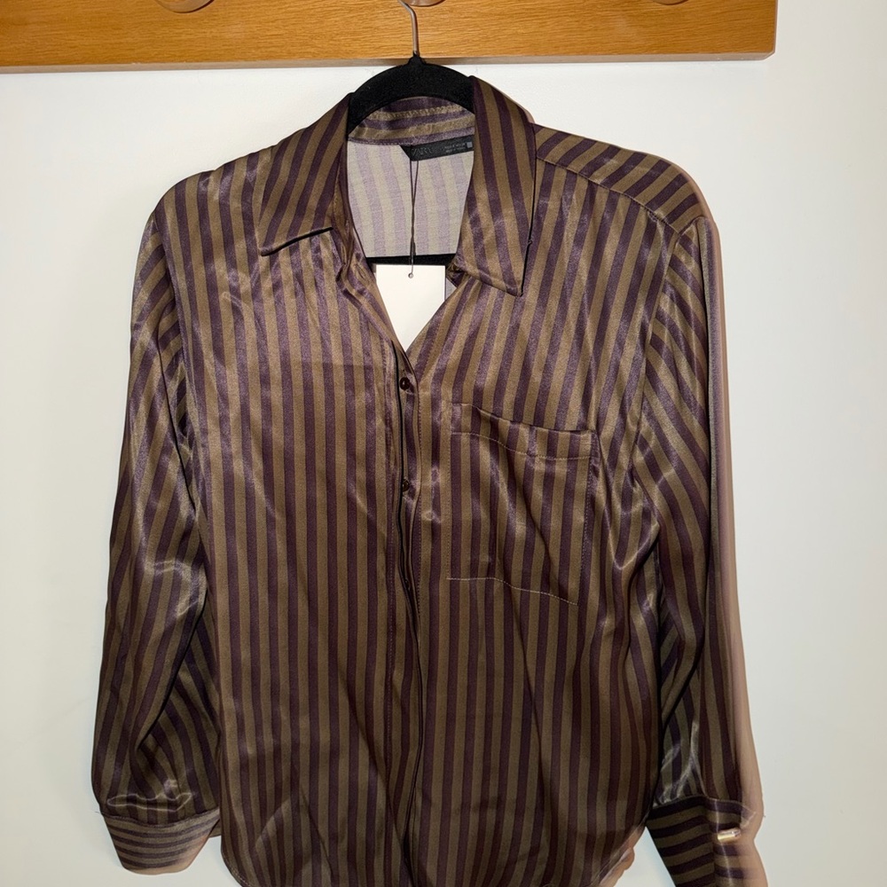Zara Woman Brown Striped Button Down Size Small